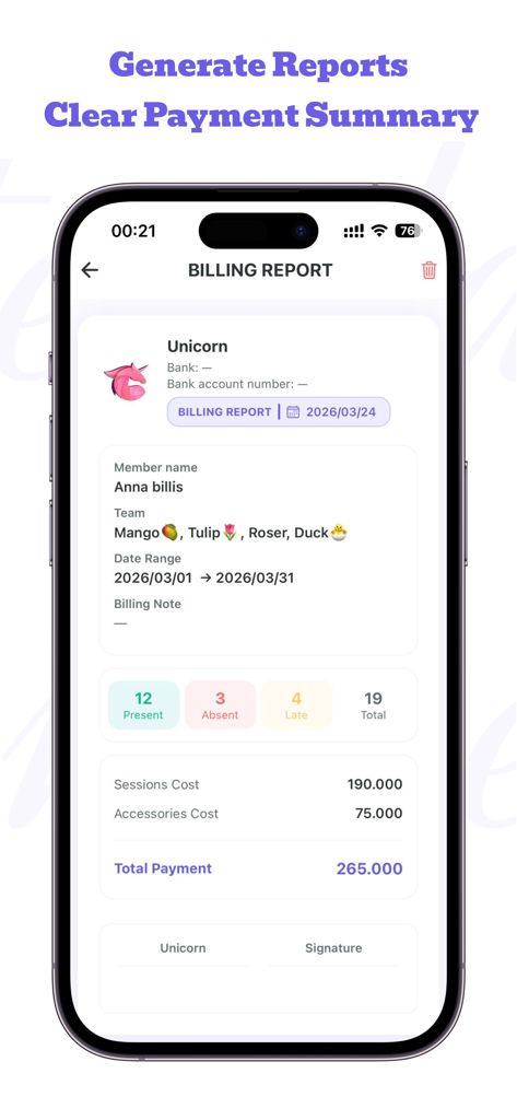 Attendance Manager 2 - A billing report screen in the Attendance Manager 2 app showing attendance statistics and a total payment summary.