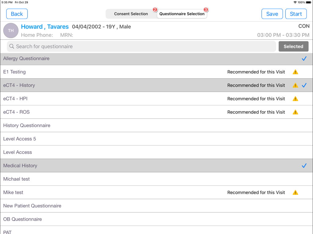 eClinicalWorks Kiosk - A patient questionnaire selection screen on the eClinicalWorks Kiosk iPad app showing a list of medical intake forms for check-in.