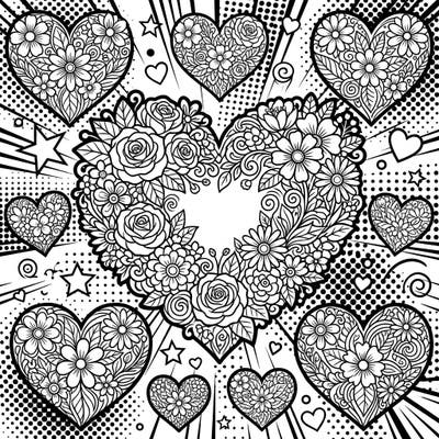 Unleash your creativity with this striking Pop Art Floral Hearts coloring page, blending intricate floral designs with a bold comic book aesthetic. Experience the joy of bringing vibrant life to hearts adorned with flowers and dynamic Pop Art backgrounds.