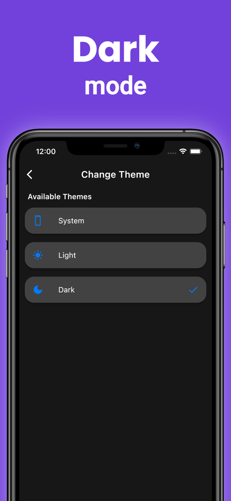 Interface do aplicativo TTS Text to Speech mostrando a tela de seleção de tema escuro