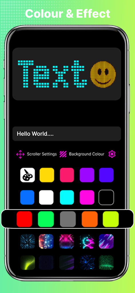 Letrero LED Digital - Oberfläche der Letrero LED Digital App mit verschiedenen Farb- und Hintergrundeffektoptionen für das digitale Banner