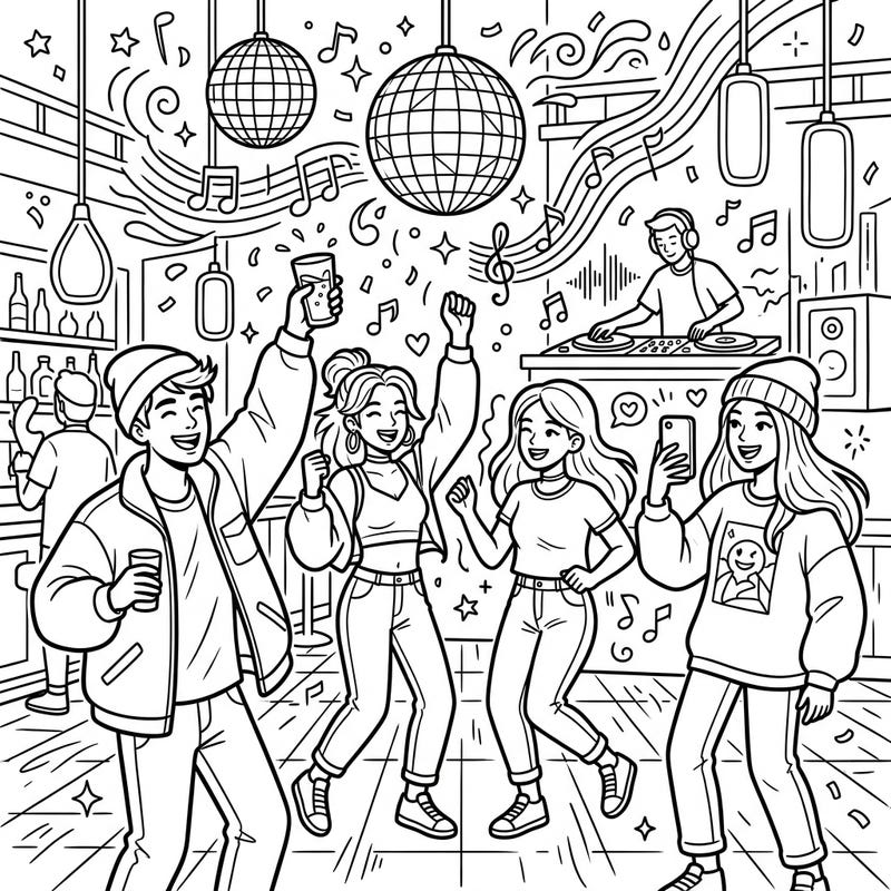 Step into the vibrant energy of a teen nightlife party with this exciting coloring page. Featuring dancing friends, a cool DJ, and dazzling disco balls, it's perfect for teens ready to bring a dynamic scene to life.