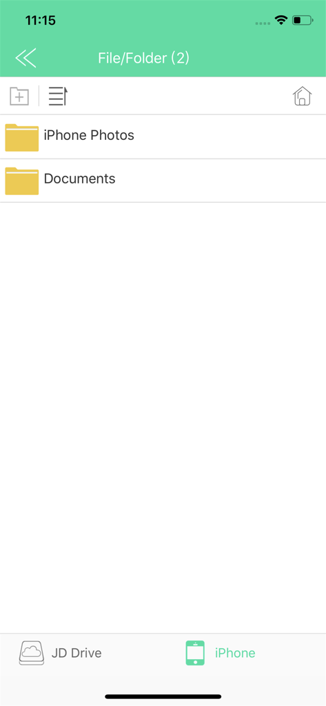 JD Drive - JD Drive app interface displaying folders for iPhone Photos and Documents for easy file management.