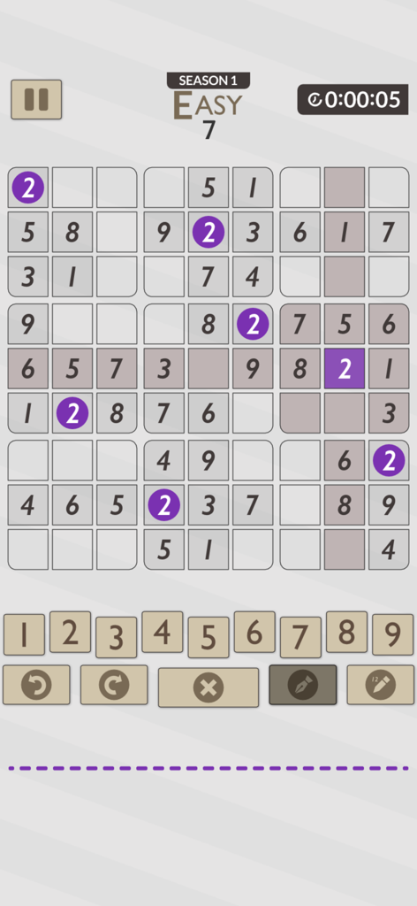 Gameplay screen of Sudoku Purple showing an easy level logic puzzle board with purple highlights and minimalist design.