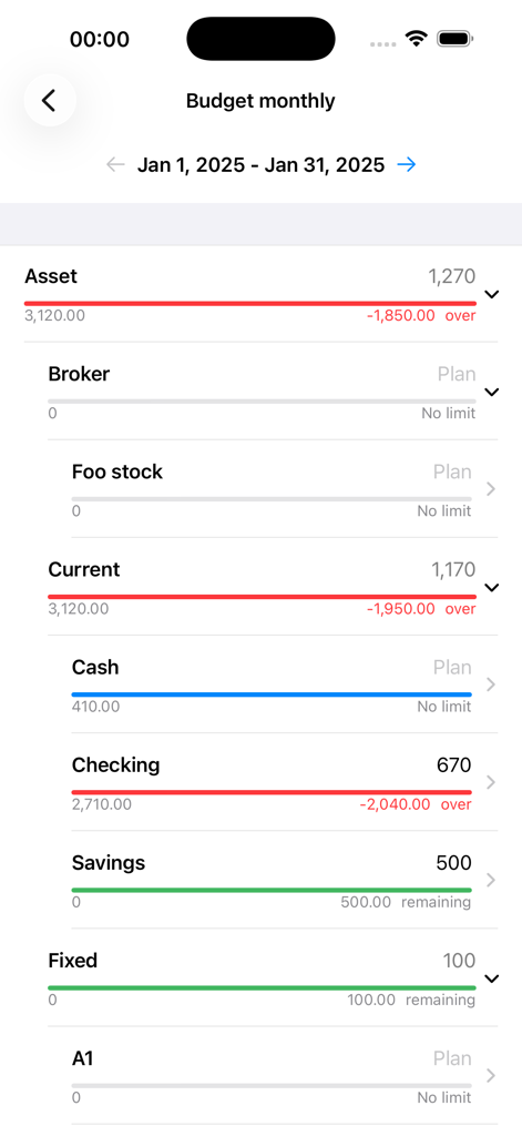 MyLedger: GnuCash Companion - Interfaz de la aplicación MyLedger que muestra un resumen del presupuesto mensual de activos y cuentas con barras de progreso que indican el estado del gasto