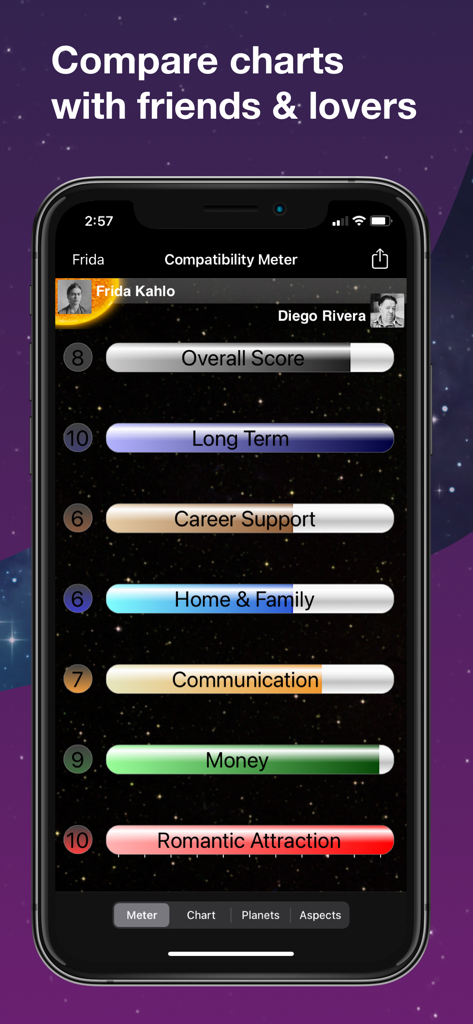 Bildschirm der TimePassages Legacy-App zeigt astrologische Kompatibilitätswerte für eine Beziehung über verschiedene Lebensbereiche hinweg