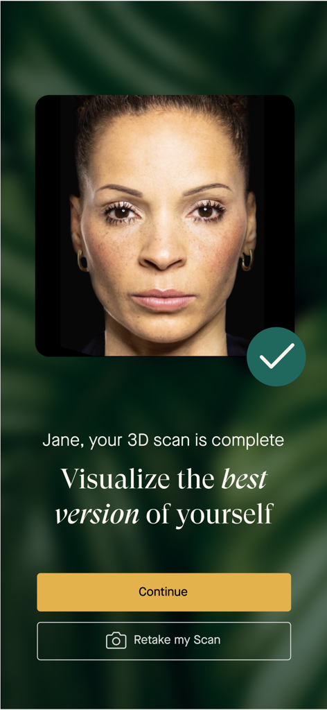 A woman's face scan completion screen in the AEDIT AI Plastic Surgeon app with a green checkmark