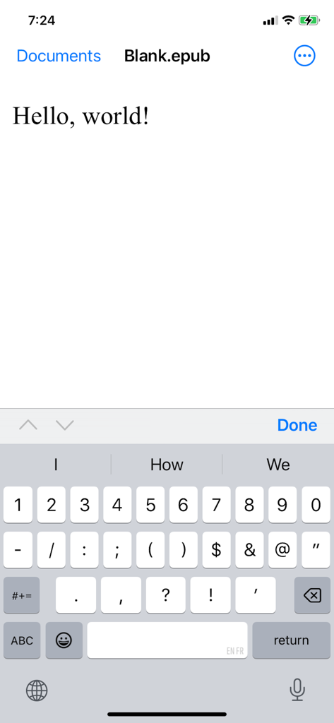 A interface do aplicativo Chapters no iPhone exibindo um editor de texto para um arquivo ePub