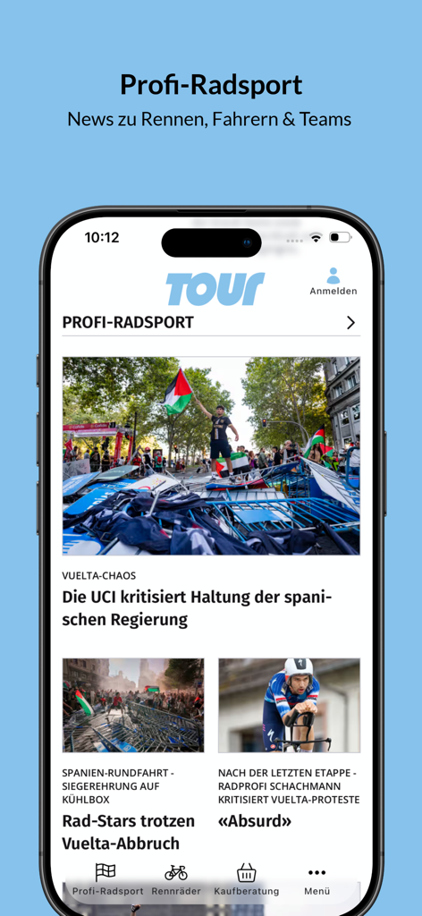 TOUR - Interfaz de la aplicación TOUR mostrando noticias y actualizaciones de carreras de ciclismo de carretera profesional