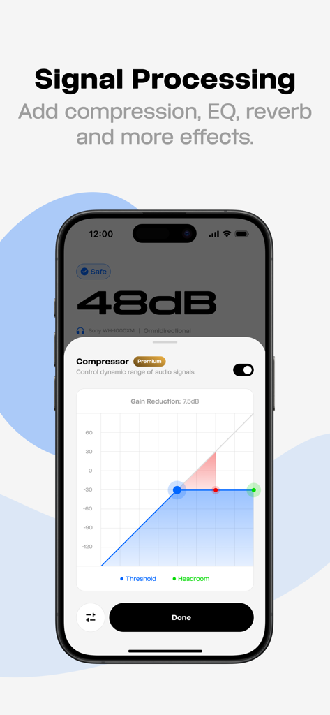 Microphone Live app screen showing premium audio compressor and signal processing features