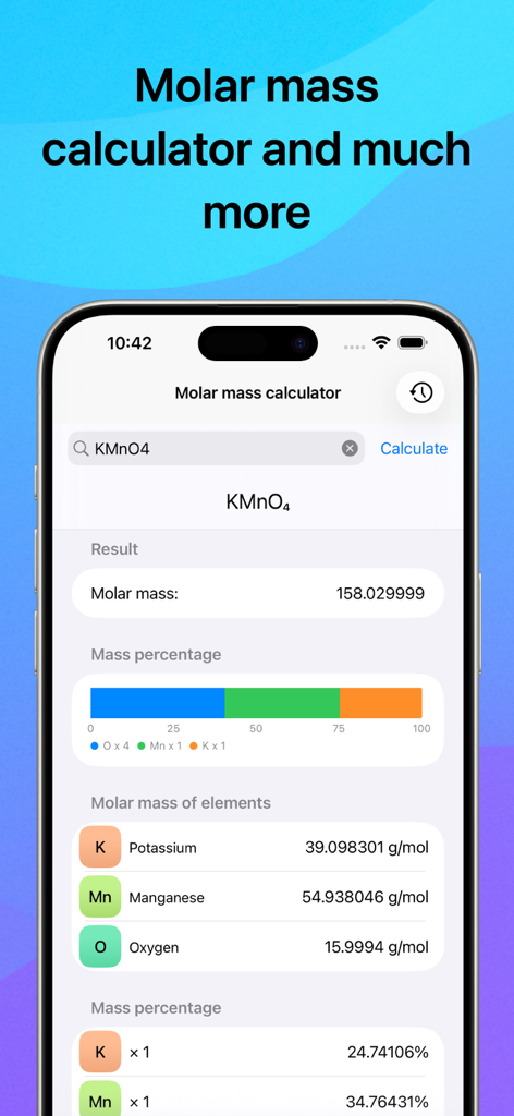 Chemistry. Periodic table. AI - KMnO4のモル質量計算と元素のパーセンテージを示す化学アプリインターフェース