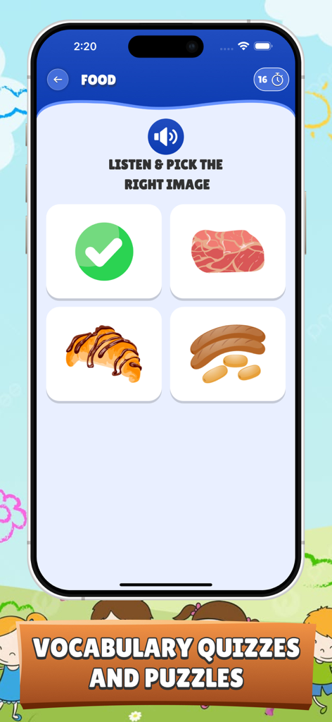 Spanish for Kids and Beginners - A vocabulary quiz in the Spanish for Kids app showing food items like meat, croissant, and sausages with a prompt to listen and pick the right image.