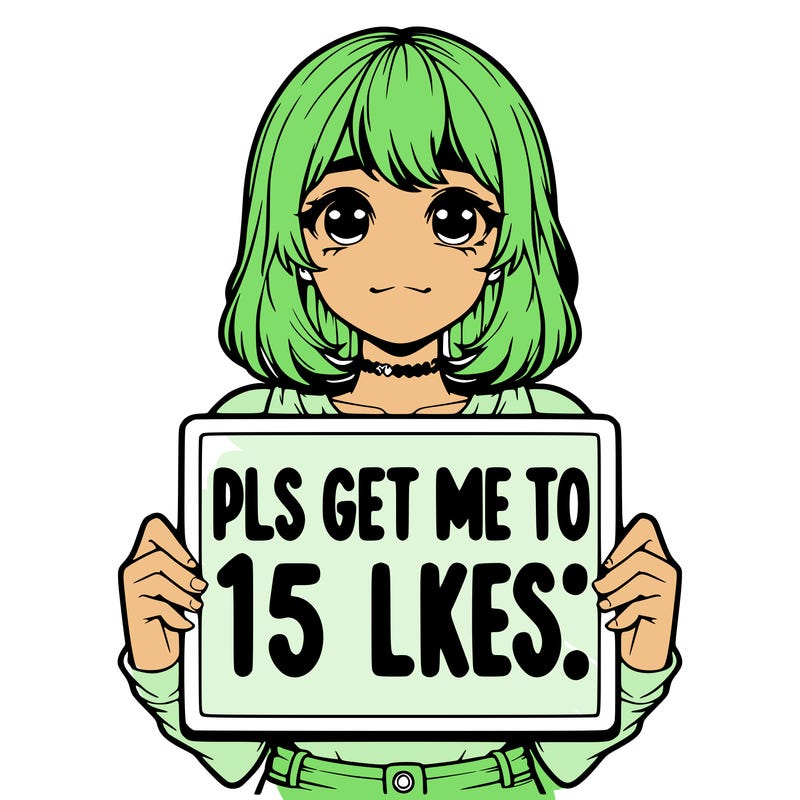 realistic girl holding up a sign that says “pls get me to 15 likes!”