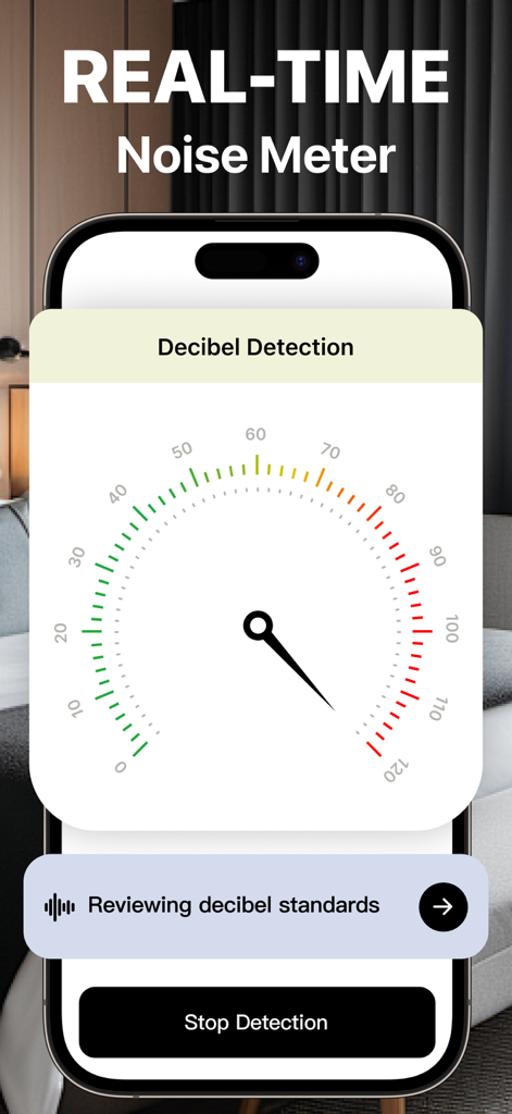 Find Cameras:Privacy Protector - A real-time noise meter interface within the Find Cameras Privacy Protector app showing decibel detection levels on a gauge