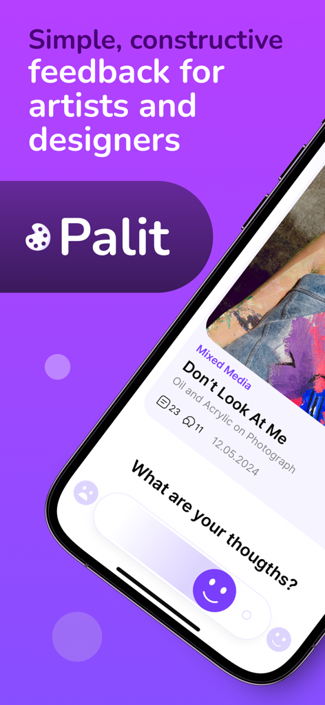 Palit - Artwork Showcase - The Palit app interface displaying a mixed media artwork with a constructive feedback slider for artists.