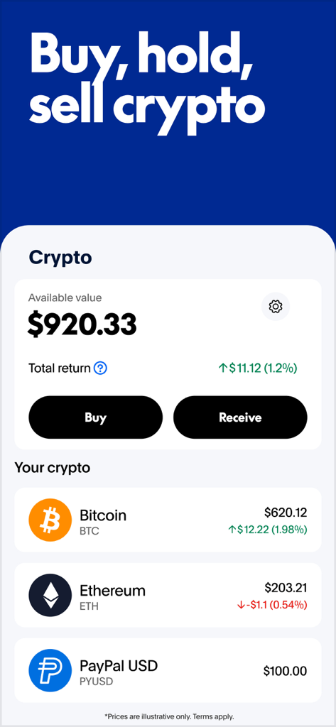 PayPal mobile app interface showing a cryptocurrency dashboard with Bitcoin and Ethereum holdings and options to buy or receive crypto.