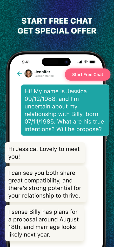 A live chat conversation on PsychicBook app where a user receives relationship advice and marriage predictions from a psychic advisor.