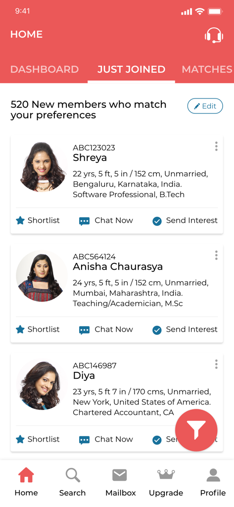 Community Matrimony App - Mobile screen of the Community Matrimony app showing a list of newly joined profiles for Indian matchmaking
