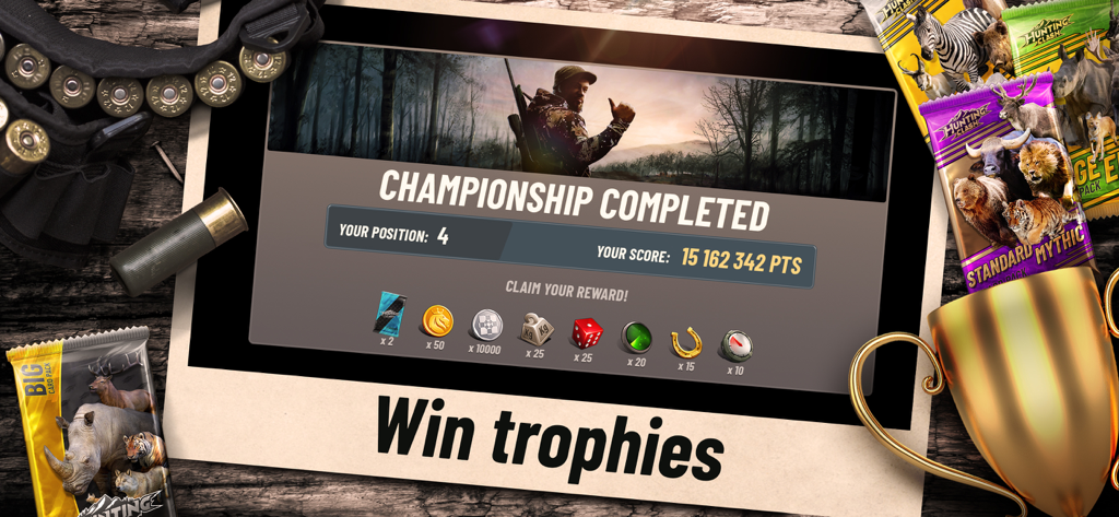Hunting Clash: Sniper Game - Écran de jeu Hunting Clash montrant les récompenses de fin de championnat et un trophée d'or