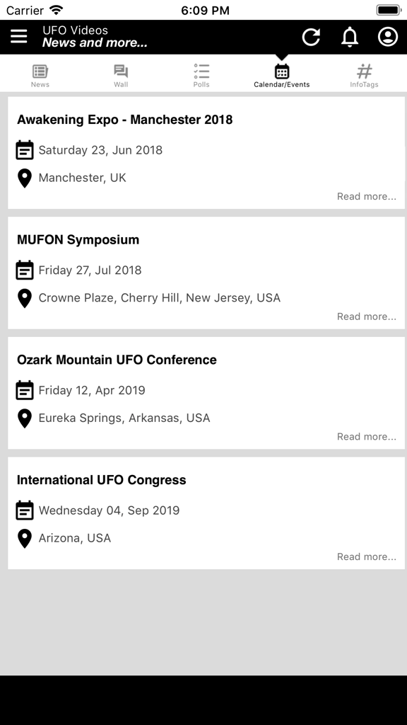 UFO Videos, News & more... - A list of upcoming UFO conferences and events within the UFO Videos app calendar section.