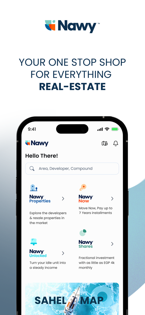 Nawy - Real Estate - Nawy real estate app home screen showing options for properties, payments, and fractional investments.