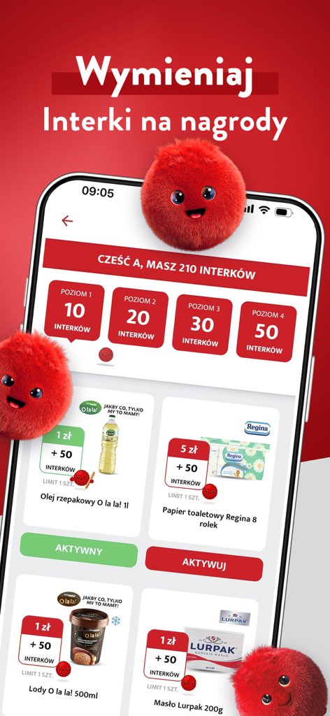 Interfaz de la aplicación Intermarché Polska que muestra puntos de fidelización y recompensas de comestibles.