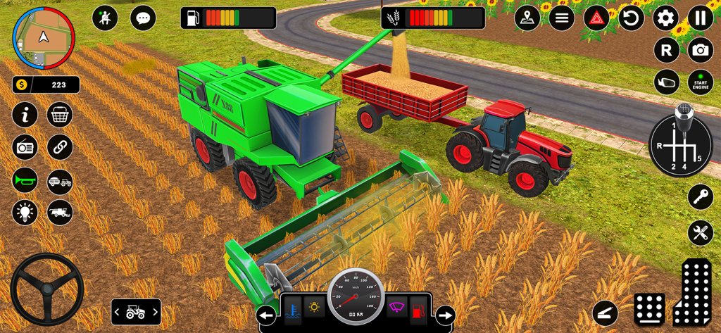 Real Tractor Farming Game - Uma colheitadeira combinada transferindo grãos para um trailer de trator em um jogo de simulação agrícola 3D.