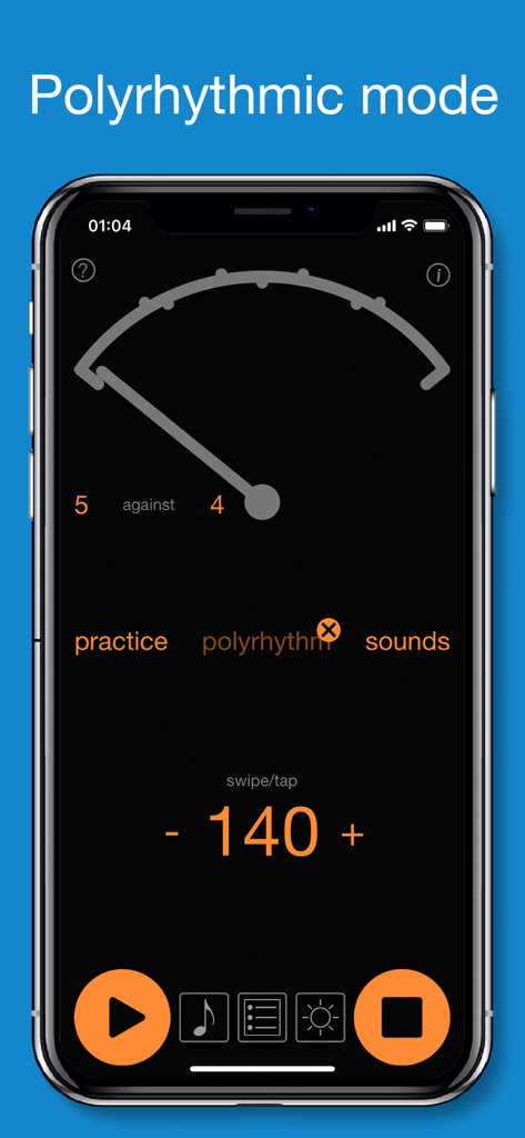 Rhythm+ - Interfaz de la aplicación Rhythm+ que muestra el modo polirrítmico con ajuste de 5 contra 4 a 140 BPM