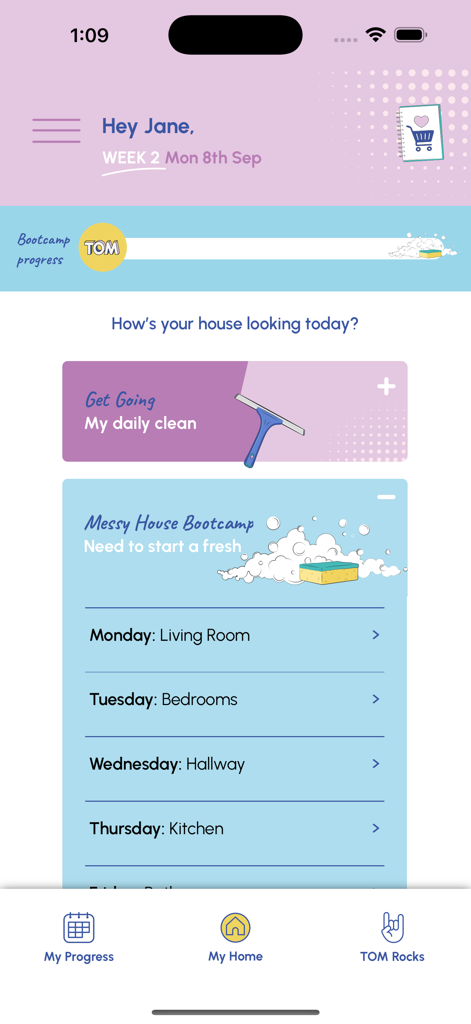 TOM app dashboard showing a cleaning bootcamp progress tracker and a weekly schedule of rooms to clean