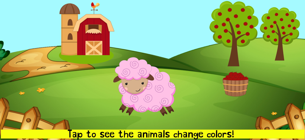 A cartoon pink sheep standing on a farm with a red barn and apple trees.