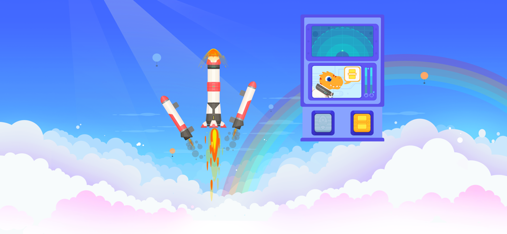A cartoon rocket launching into a blue sky with a dinosaur astronaut on a control panel