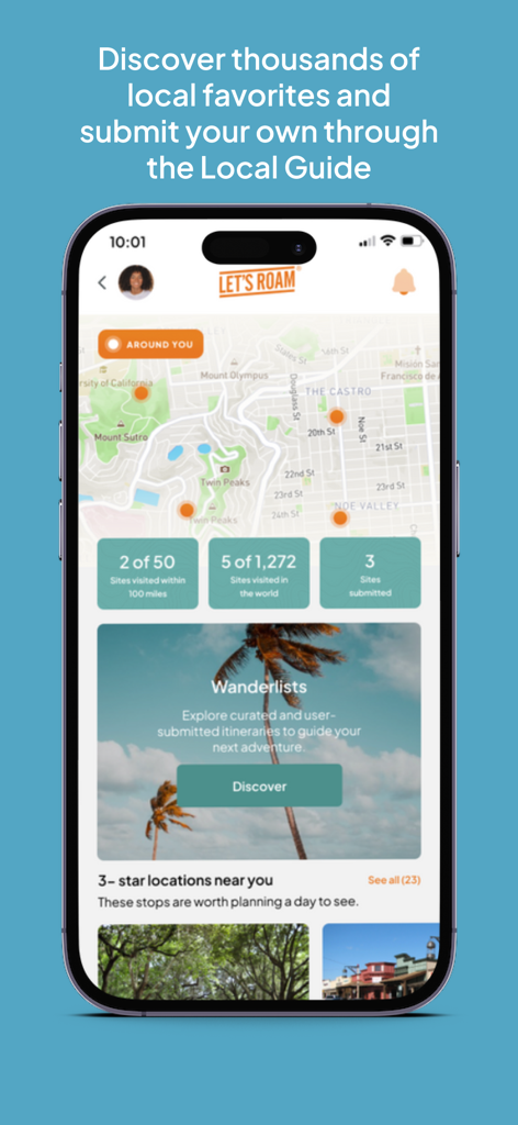 Let's Roam: Scavenger Hunts - Interfaccia dell'app Let's Roam con una mappa della guida locale e liste dei desideri di viaggio.