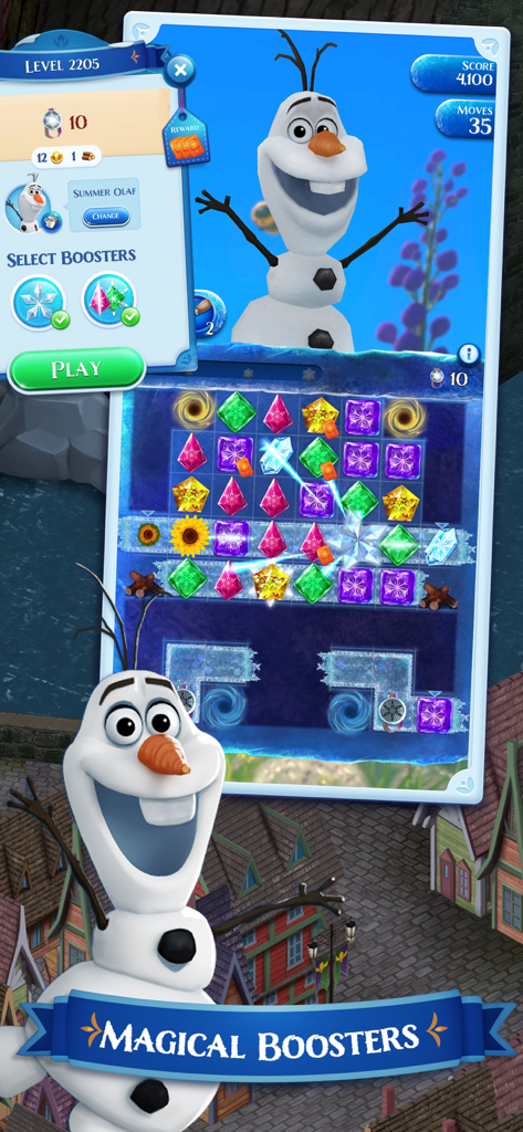 Olaf from Disney Frozen next to a match-3 puzzle board with colorful ice crystals