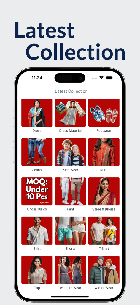 VastrMitr: Bulk, Wholesale App - Mobile screen of VastrMitr app displaying various wholesale clothing categories for bulk purchase