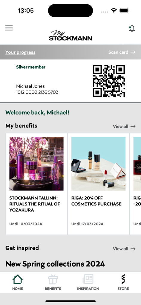 MyStockmann app interface showing a silver membership QR code and personalized retail discount benefits