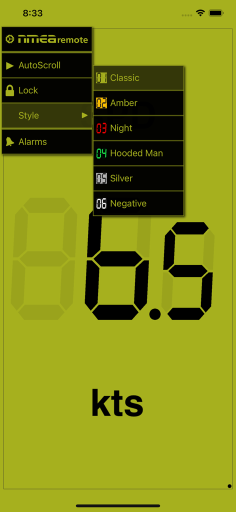 NMEAremote LITE - NMEAremote LITE app interface showing digital speed display and style customization menu