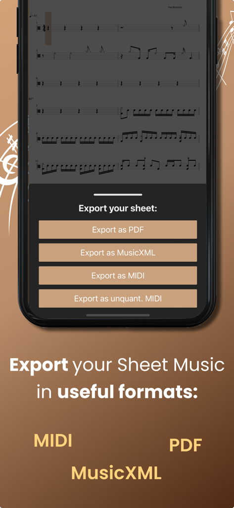 Drum2Notes - Transcribe Drums - Drum2Notes app interface showing export options for drum sheet music in MIDI, PDF, and MusicXML formats