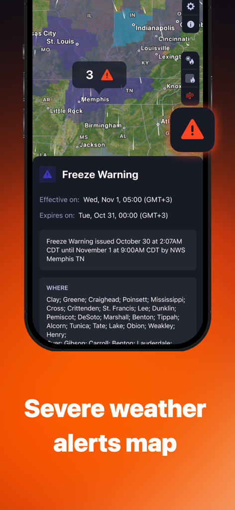 The Wildfire Tracker - The Wildfire Tracker app interface displaying a severe weather alerts map with a freeze warning notification for Memphis