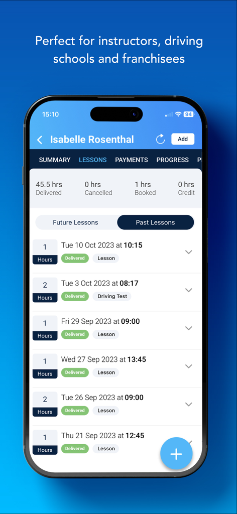 Interface of the Total Drive app showing a student's past driving lesson history and recorded hours.