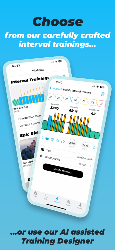 Relevateアプリ画面で、パワーゾーンデータを使用してサイクリングインターバルトレーニングセッションを選択およびカスタマイズします。