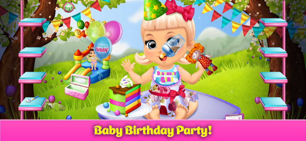 Mommy & Baby Games: Newborn - Ein Baby-Mädchen mit Partyhut feiert mit einem Regenbogenkuchen und Ballons in einer Parklandschaft
