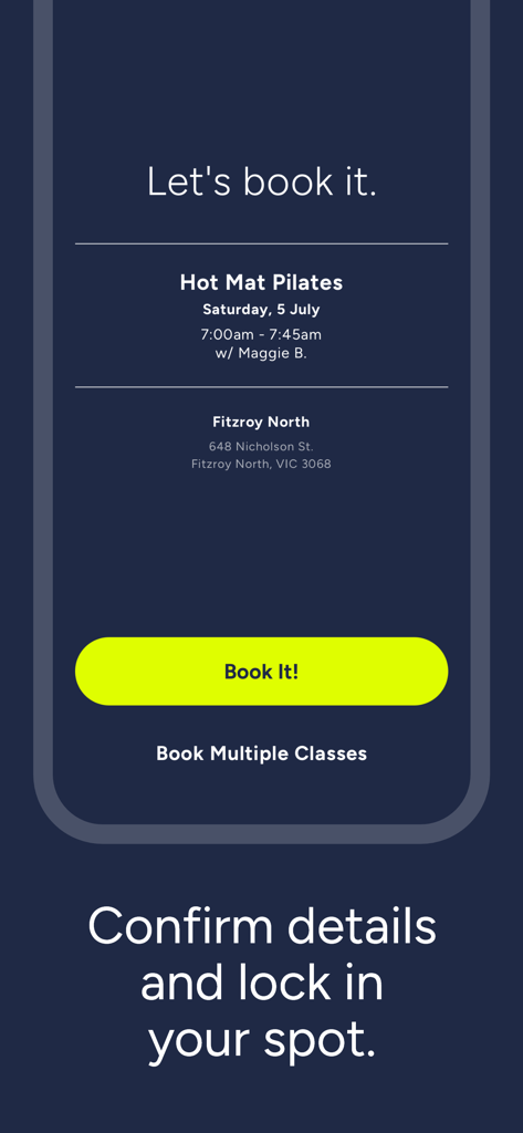 CorePlus 2.0 - A class booking confirmation screen in the CorePlus 2.0 app for a Hot Mat Pilates session.