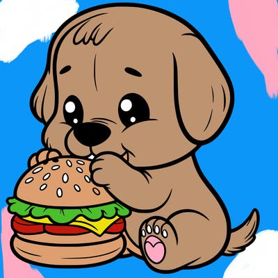 puppy eating a cheeseburger