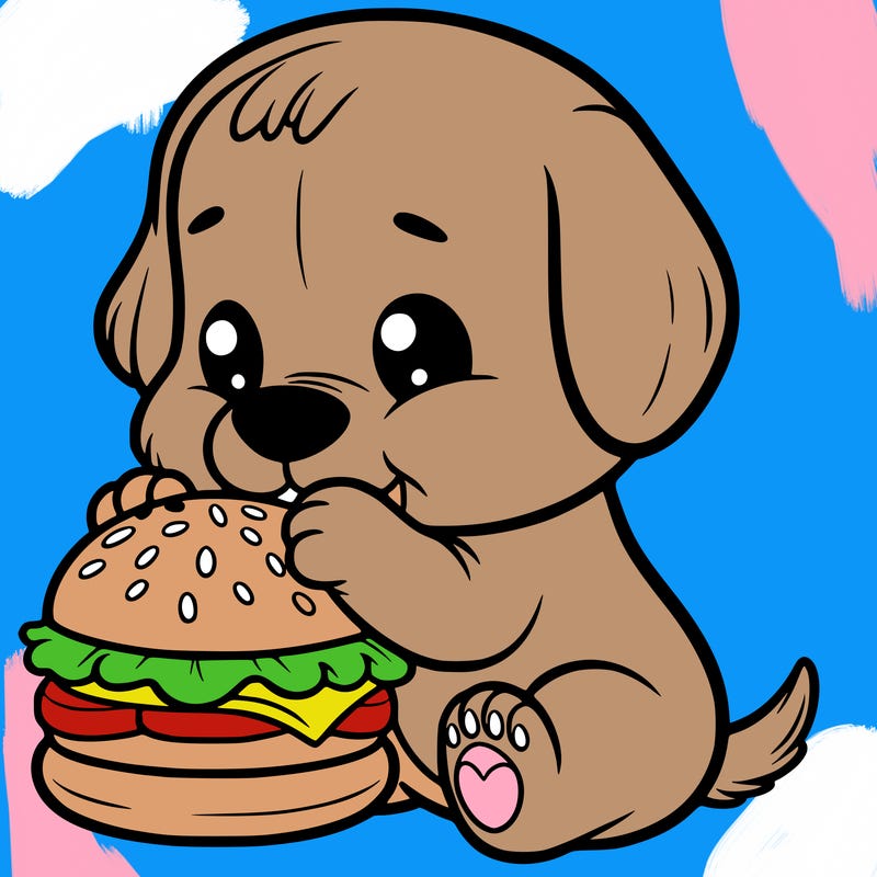 puppy eating a cheeseburger