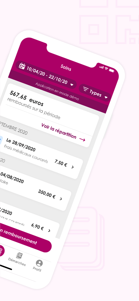 Interface de l'application Hélium montrant un résumé des remboursements de soins de santé et un historique des dépenses médicales