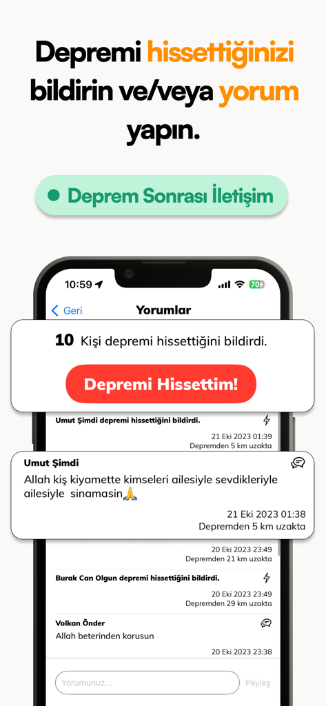 Earthquake Turkey - Interface of the Earthquake Turkey app showing user comments and the button to report a felt earthquake