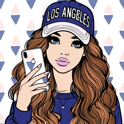 realistic beautiful girl wearing los ángeles cap holding an iphone