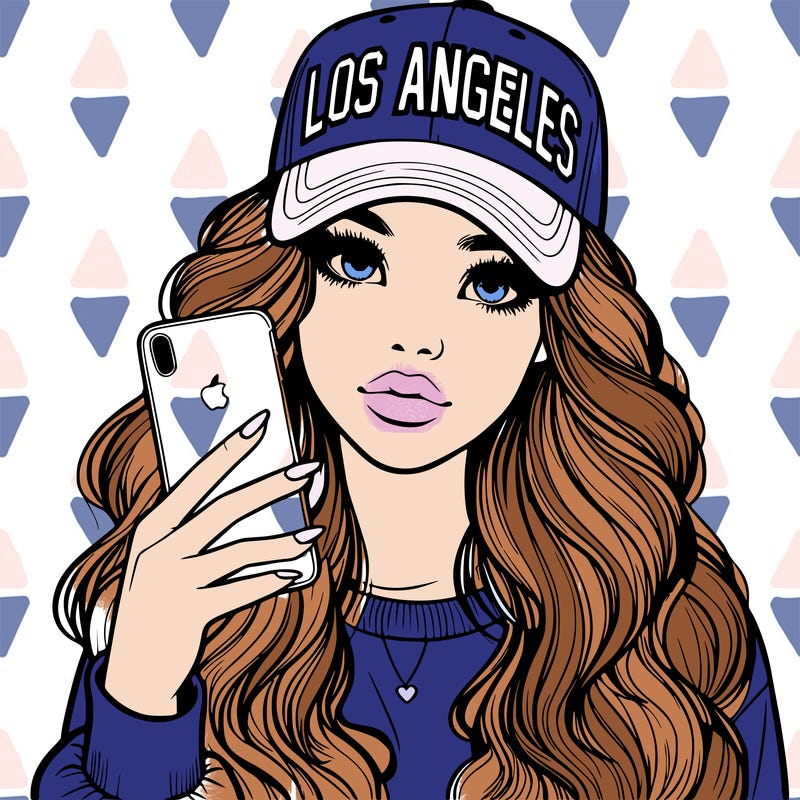 realistic beautiful girl wearing los ángeles cap holding an iphone