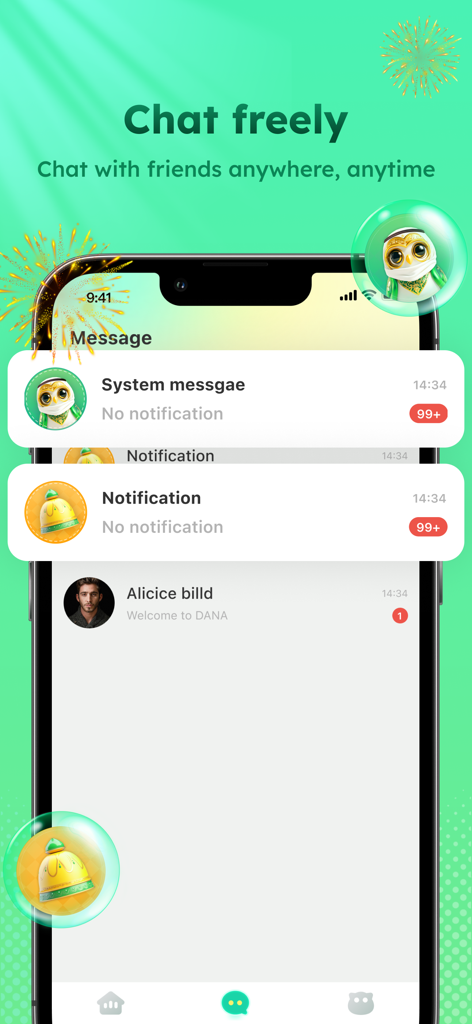 Una schermata mobile che mostra l'interfaccia di messaggistica dell'app Dana con notifiche di chat e un messaggio di benvenuto.