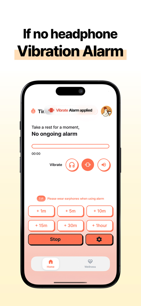 Ein Handybildschirm, der die Kkokkio App-Oberfläche mit ausgewähltem Vibrationsalarm-Modus für einen stillen Weckvorgang anzeigt